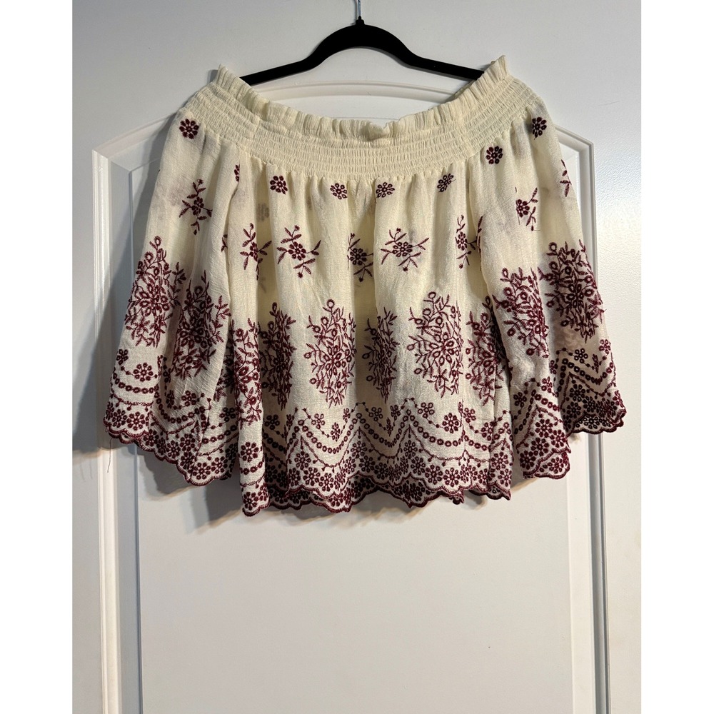 Rebellion Blouse Medium Cream Burgundy Boho Embroidered Top Festival Cottagecore